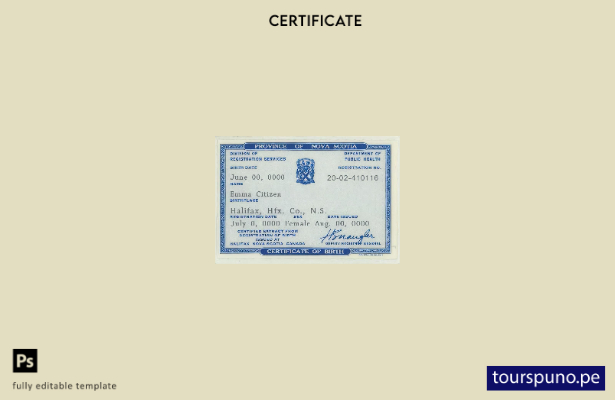 Plantilla de certificado de nacimiento de la Provincia de Nueva Escocia de Canad